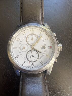 Tommy Hilfiger Men's Stainless Steel Watch with Brown Leather Band & New Battery